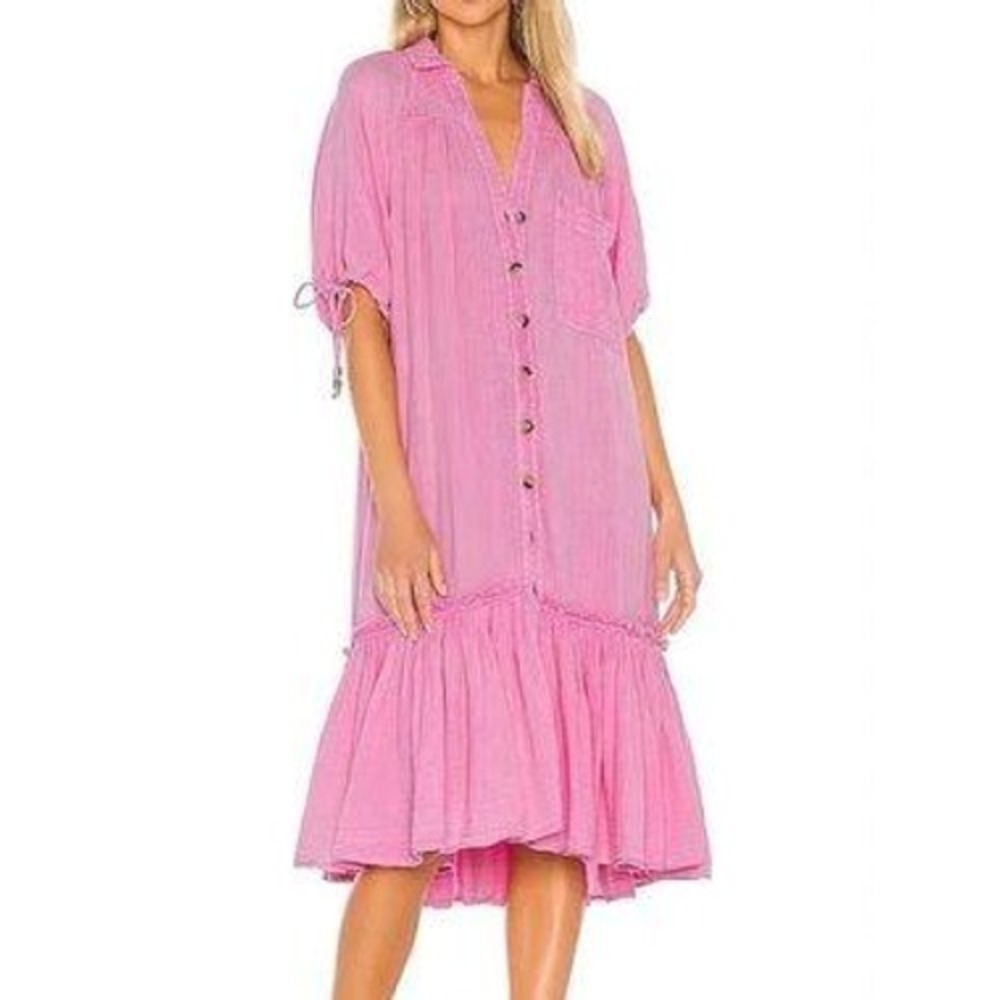 Free People Pink Gauze Button Front Ruffle Mini Dress Small Short Sleeve Boho